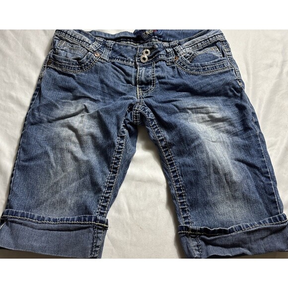 Denim Shorts Thick Stitch Flap Pockets  Embroidery Long  Western Cuffed BL - Picture 1 of 15